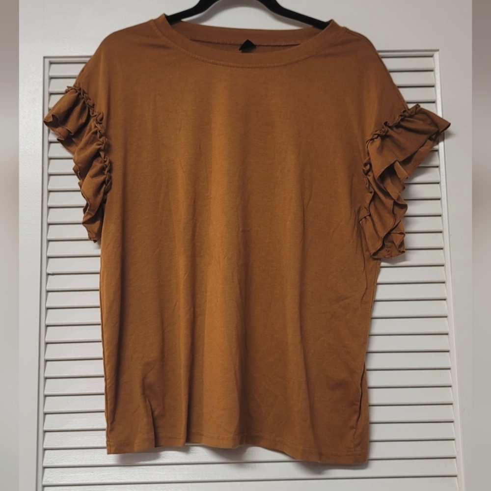 SHEIN - Golden Brown Ruffle Short-Sleeve Top
